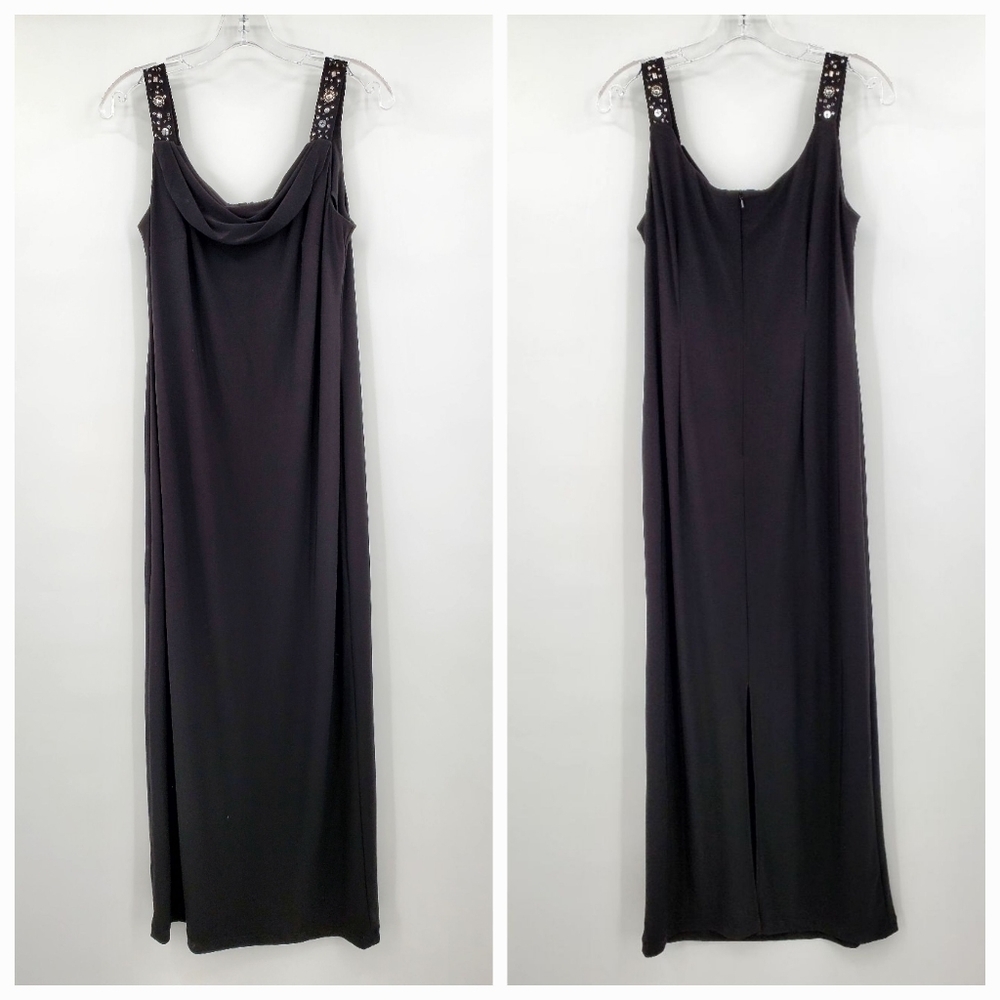 Alex Evenings Beaded Sequin Strap Cowl Neck Black Evening Dress